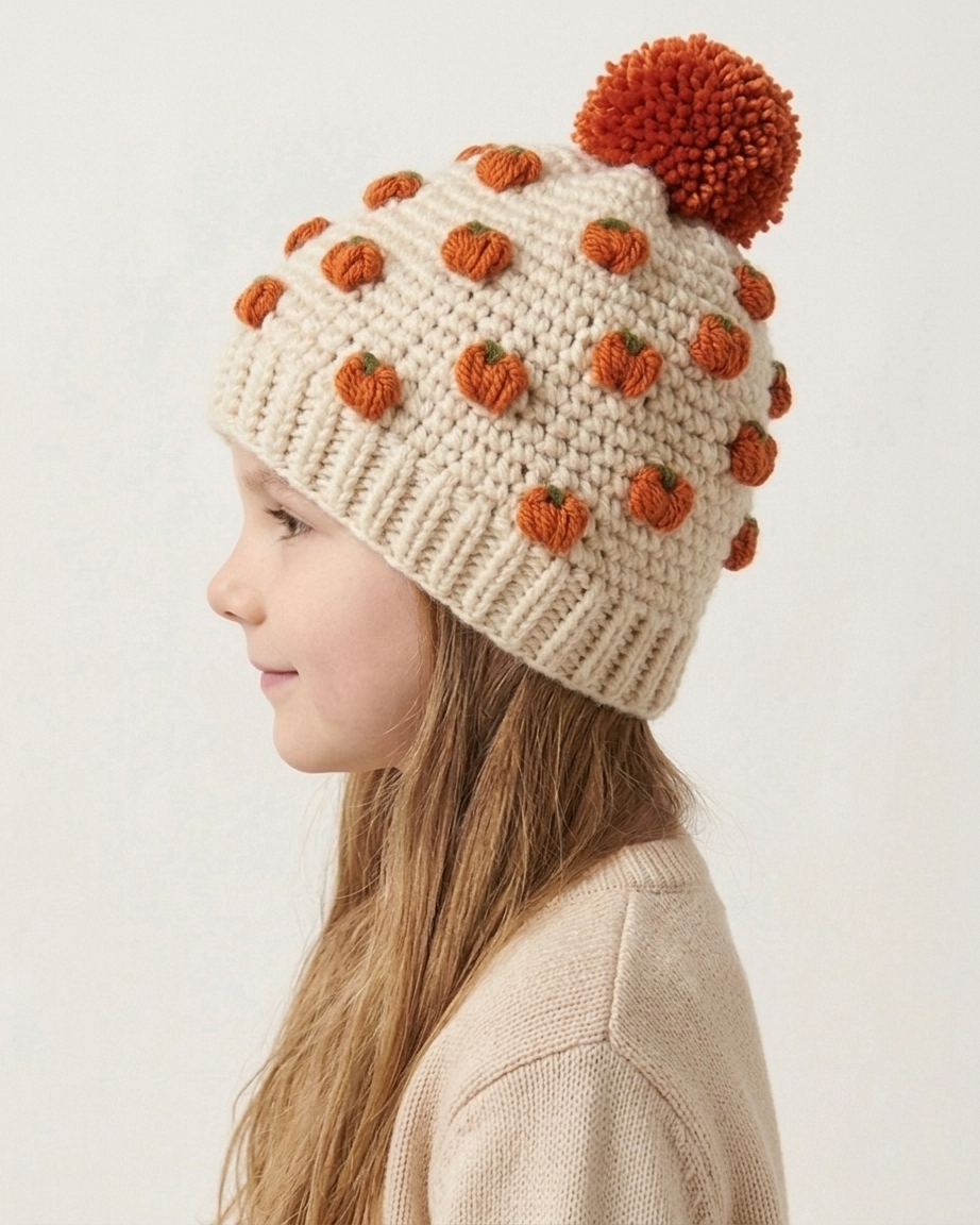 A child in profile wearing a cream knit beanie with orange pumpkin motifs and a matching orange pom-pom, against a plain light background.