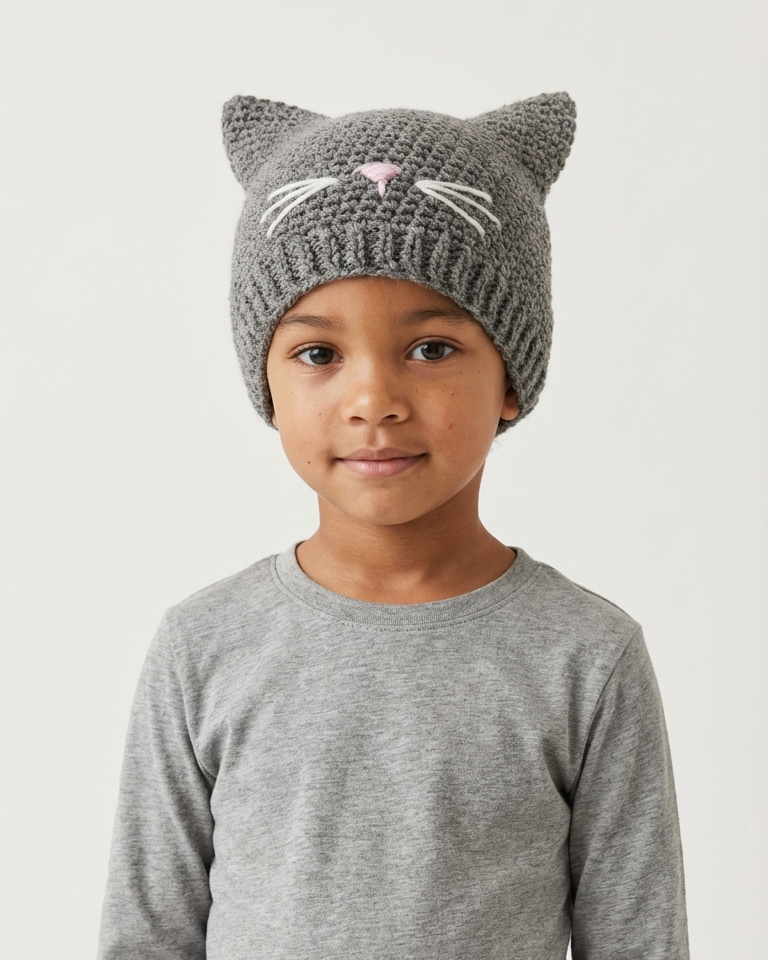 Child wearing a gray crochet cat hat on a white background