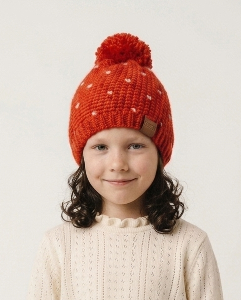 A young girl wearing a cream cable-knit sweater, a beige pleated skirt, and a rust-orange knit beanie with white dots and a pom-pom, standing against a plain off-white background.