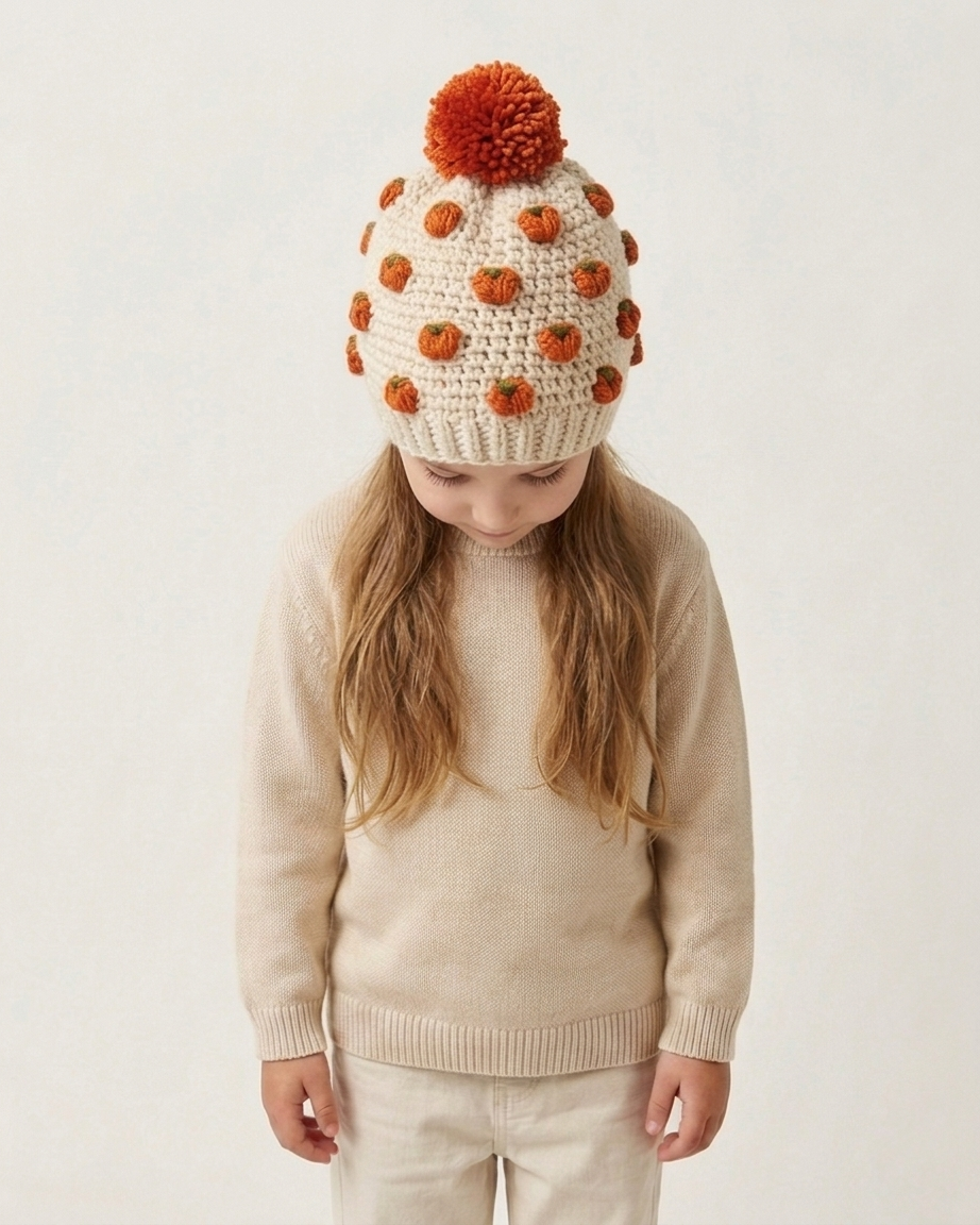 A young girl wearing a cream knit sweater and cream pants, looking down while wearing a cream crochet beanie with orange pumpkin pom-poms and a matching orange pom-pom on top.