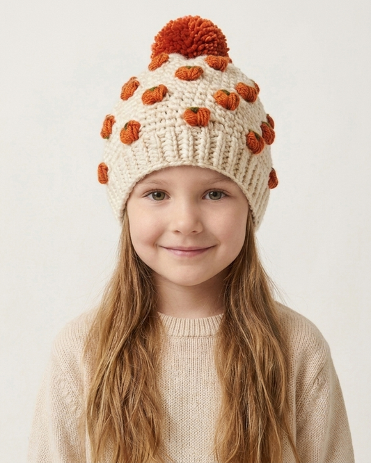 A young girl with long light brown hair wearing a cream-colored knit beanie with orange pumpkin motifs and a matching orange pom-pom, paired with a beige knit sweater against a plain light background.