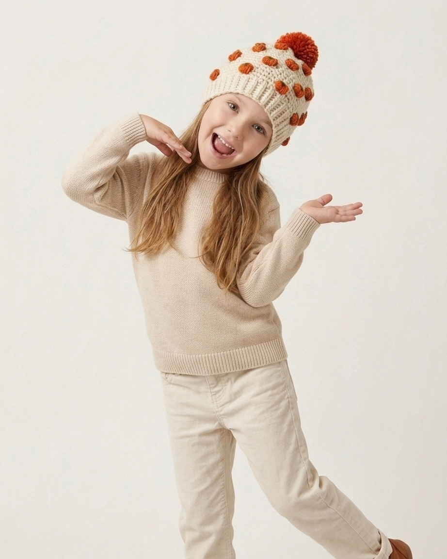 A young girl modeling a cream knit sweater, matching cream pants, and a cream knit beanie with orange pom-poms and a rust-orange pom-pom, posed against a plain off-white studio background.