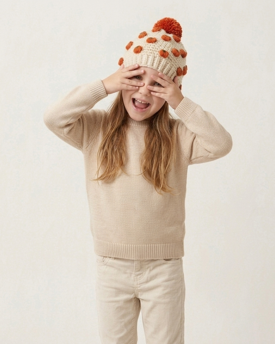 A young girl with long light brown hair is wearing a cream knit sweater and matching pants, paired with a cream knit beanie hat decorated with orange pom-poms. She is playfully covering her eyes with her hands against a plain, light off-white background.