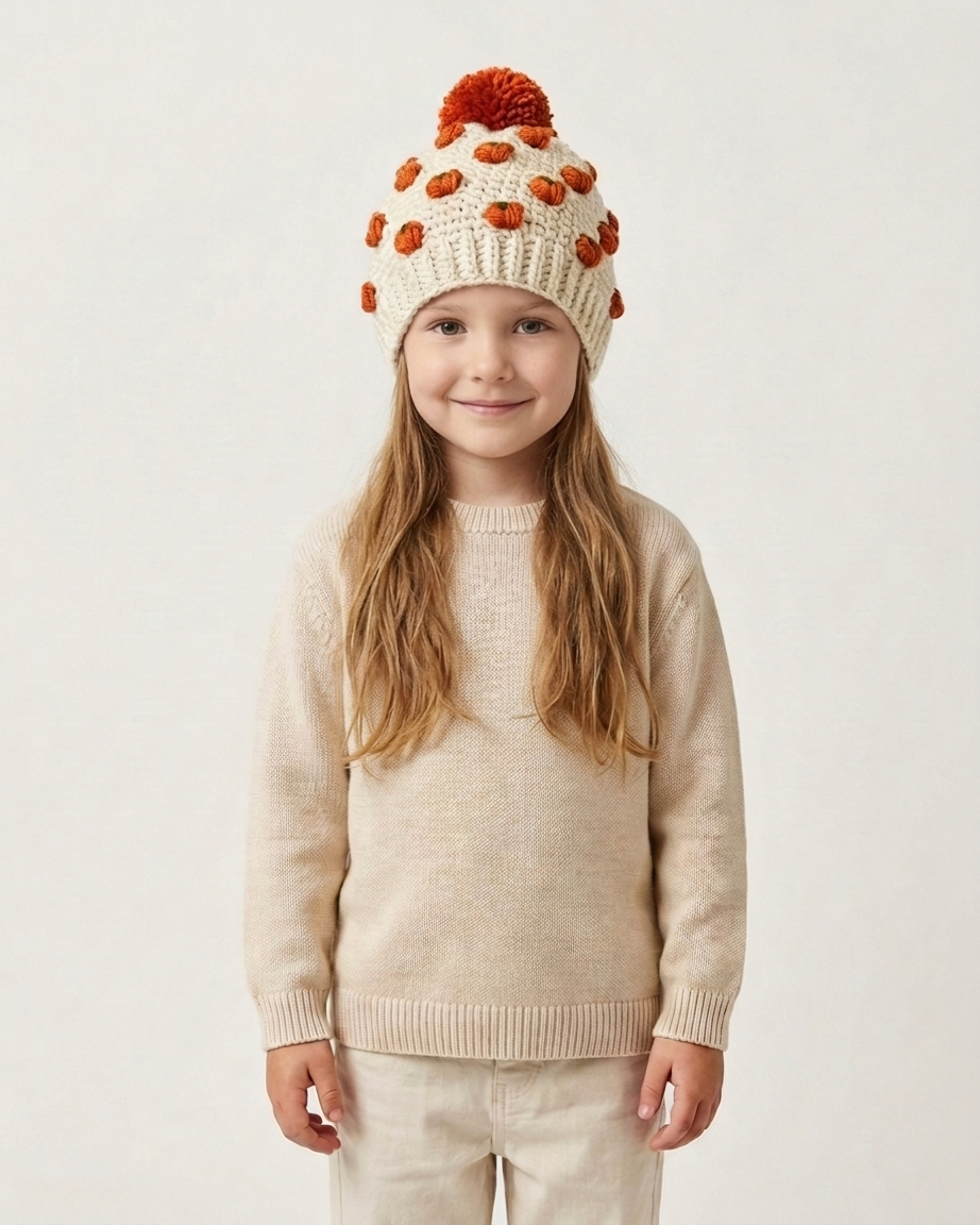 A young girl with long light brown hair stands against a plain off-white background, wearing a cream knit beanie with orange pom-poms and orange accents, a cream knit sweater, and cream pants.