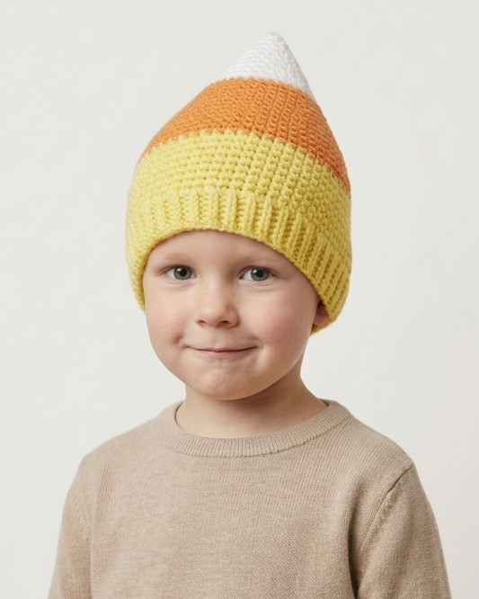 A young child wearing a crocheted knit beanie hat with horizontal stripes of white, orange, and yellow, styled like a candy corn, against a plain light gray background.