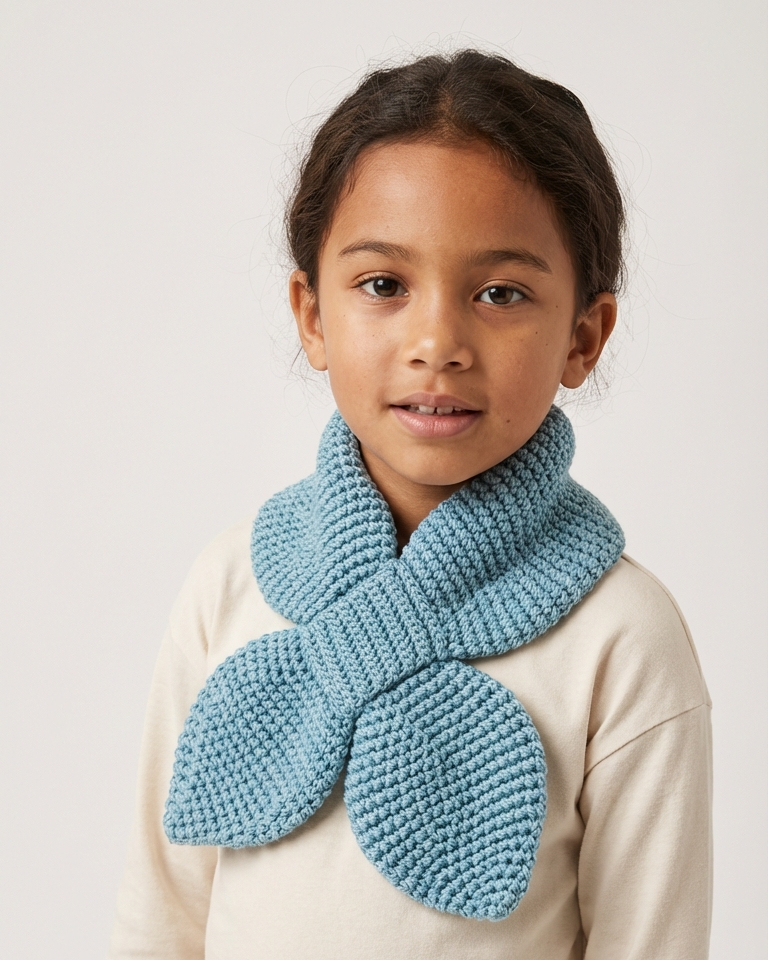 Child wearing a blue crochet scarf against a plain background